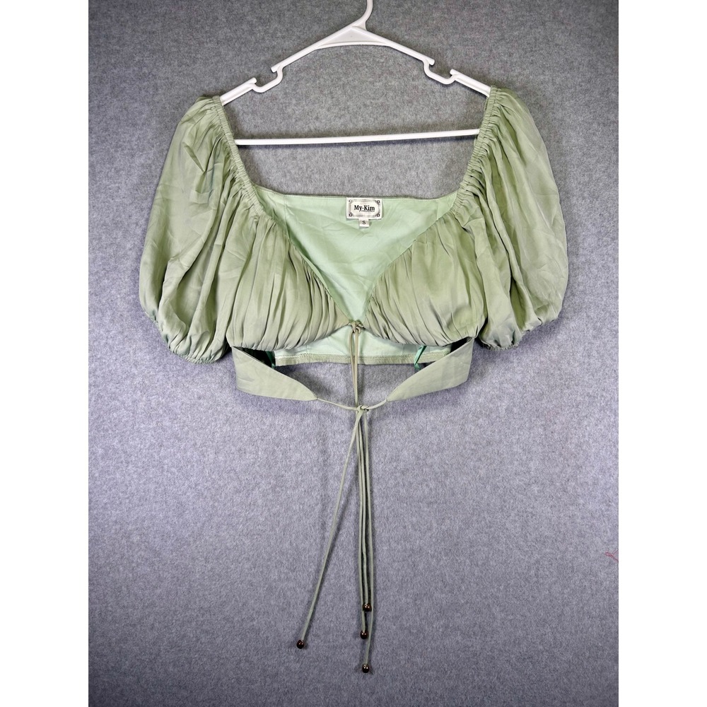 My-Kim Collection Puff Sleeve Crop Top Womens Small Sage Green Ruched Tie Wrap